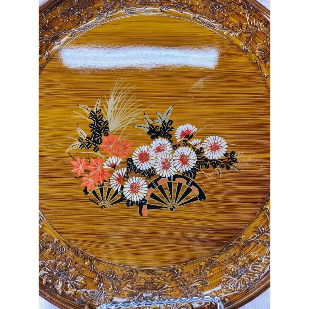 Vtg Japanese Floral Fan Round Plastic Wood Grain Lacquerware Serving Tray 13